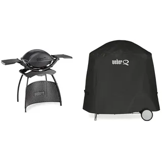 Weber Q2400 Elektrogrill, 55 x 39 cm, mit Standfuss & ausklappbaren Seitentischen, Dunkelgrau (55020879) & 7120 Abdeckhaube Premium, schwarz, 88,9 x 67,3 x 43,2 cm