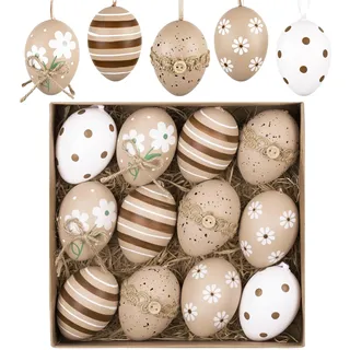 Valery Madelyn 12er Ostereier zum Aufhängen für Osterdeko,6cm Nature Plastikeier für Ostern Deko,Braun Weiß Ornament für Osterkörbchen Frühlingsdeko,Ostern Geschenke Kinder