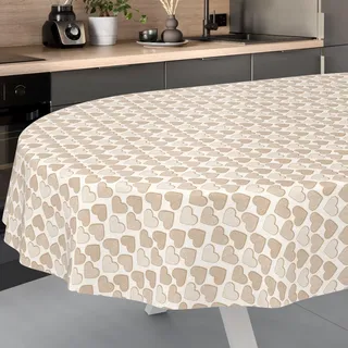 ANRO Wachstuch-Tischdecke abwaschbar Outdoor Indoor Oval 180x140cm Schnittkante Herz Beige