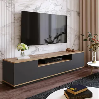 Dmora - Fernsehschrank Sinope, Ständer für Wohnzimmerfernseher, Niedriges Wohnzimmer-Sideboard, TV-Ständerbasis, 180x45h45 cm, Eiche und Anthrazit