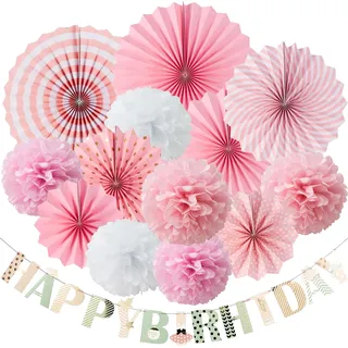 EASY JOY Geburtstagsdeko Mädchen Rosa Happy Birthday Girlande Geburtstag Dekoration Set Wiederverwendbar Tischdeko Party Deko Frauen Happy Birthday Girlande Fächer Pompoms für Kindergeburtstag