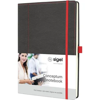 Sigel CO694 Notizbuch A4 dotted, Leder-Look grau, rot, Hardcover, 194 nummerierte Seiten, nachhaltiges Papier, mit Inhaltsverzeichnis, Stiftschlaufe, Falttasche, Conceptum