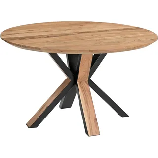 Runder Esszimmertisch Akazie naturfarben Schweizer Kante 120 cm Spider-Gestell schwarz aus Metall + Holz KIMBERLY - Naturbelassen