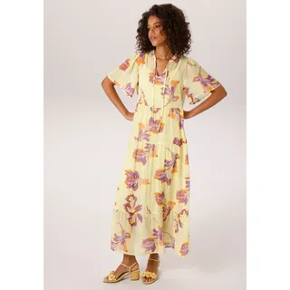 Sommerkleid ANISTON CASUAL, Damen, Gr. 42, N-Gr, bunt (gelb, lila, flieder, orange), Georgette, Obermaterial: 100% Polyester. Futter: 100% Polyester, bedruckt, figurumspielend knöchellang, V-Ausschnitt, weit, Kleider Sommerkleid, mit grafischen Blättern bedruckt