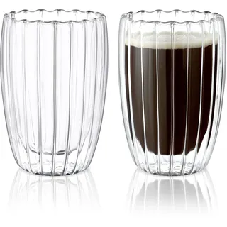 Joeyan 450ml Gerippte Doppelwandige Kaffeegläser, 2er Set Latte Macchiato Gläser Geriffelte, Aesthetic Eiskaffee Wassergläser, Origami-Stil Glasbecher für Kaltes Heißes Getränk,Tee,EIS,Milch,Saft,Bier