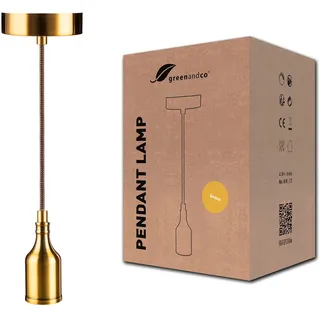 greenandco Hängeleuchte | E27 | Farbe Messing | mit 150cm Textilkabel kürzbar | Vintage Pendelleuchte | 230V | retro Kabellampe