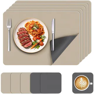 KitchenBoss Tischsets Abwaschbar Platzsets Doppelseitige Platzdeckchen | 6er‐Set Platzset Leder mit Untersetzer Rutschfest Wasserdicht Esstisch Heim 43×30 cm Zweifarbig Dunkelgrau & Beige
