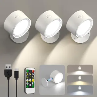 LED Akku Wandleuchte Innen, 3 Stück Wandlampe ohne Stromanschluss Wandlichter, 3 Farbmodi Kabellose Nachttischlampe mit Fernbedienung, 360° Aufladbare Wand Lampe für Kinder Wohnzimmer Schlafzimmer