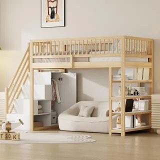 Merax Etagenbett Hochbett 90x200cm aus Massivholz mit Sicherheitsleiter, Kinderbett mit Stauraum und Schränken, Jugendbett mit Regalen und LED, Natur - Naturbelassen