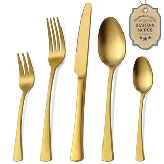 Bestdin Besteck Set 12 Personen, 60 teilig Edelstahl Besteckset Matt Gold Essbesteck Set mit Messer Gabel Löffel, Hochwertiges Edelstahlbesteck, Spülmaschinenfest.