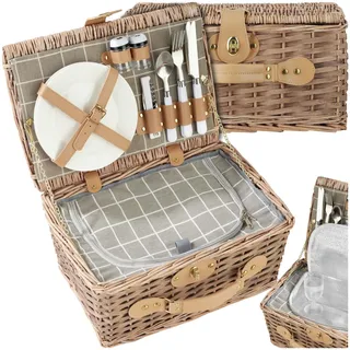 tectake® Picknickkorb 2 Personen, inkl. Kühlfach, befüllter Picnic Basket Weidenkorb für Ausflug, Camping, Dinner Date, Picknickkorb mit Deckel, als Geschenkkorb, Rotkäppchen Korb - Langeoog