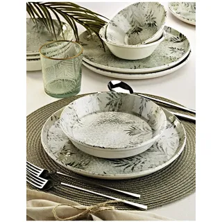 Elegant 12-Piece Dinner Set, 100% Porcelain, White & Anthracite | Includes 4 Service Plates (25cm), 4 Bowls (14cm), 4 Plates (19cm) | Dishwasher & Microwave Safe