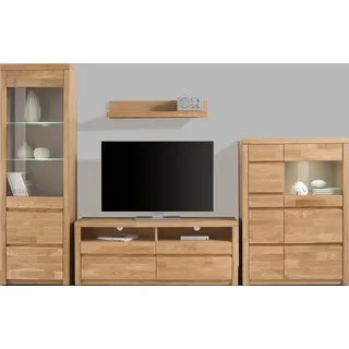 OTTO home "Silkeborg: 4-teilig, Breite: 290cm, Griffmulden, Fronten Massivholz", Set, besteht aus 1 Vitrine, 1 Lowboard, 1 Wandregal und 1 Highboard, 4 Stk. tlg., eiche teilmassiv),