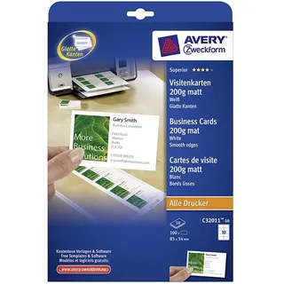 AVERY Zweckform C32011-10 Superior Visitenkarten, blanko (100 Stück, 200g, 85x54 mm, einseitig bedruckbar, matt weiß, absolut glatte Kanten, 10 Blatt) zum Selbstbedrucken auf allen Druckern
