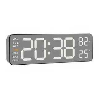 Lancoon Digitale Wanduhr mit Gebürstetem Metall Temperatur Luftfeuchtigkeit 3 Stufen der Helligkeit Anpassung Auto Dimmer Datum Woche Dual Alarm für Wohnzimmer Dekor Büro