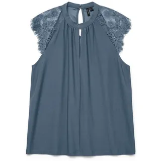 Vero Moda Spitzentop VERO MODA "VMMILLA SL LACE TEE", Damen, Gr. S, blau (china blau), Jersey, Obermaterial: 95% Polyester, 5% Elasthan, unifarben, normal, Rundhals, Tops Spitzentop, Materialmix, regular fit