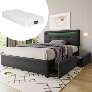 okwish Einzelbett Polsterbett Bettgestell mit LED-Beleuchtung und 2 Schubladen, 90x200cm, Höhenverstellbarem Kopfteil, Lattenrost aus Holz, Grau (Mit Matratze) - Grau
