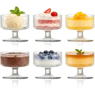 Set von 6 Vintage Glas Dessertschalen, 180ml Kurzstielgarnelen Cocktailgläser Vorspeise Obstsalate Puddingschalen Dessert Eisbecher mit Fuß Cocktailschales
