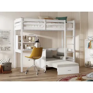Hochbett mit Schreibtisch, Schlafsofa & Stauraum - 90 x 200 cm - Kiefernholz & MDF - Weiß - GOLIATH III