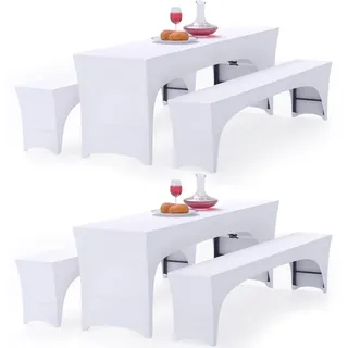 Alishomtll Zwei 3er-Set Elastisch Biertischhussen, Stretch Bierzeltgarnitur für 50cm Tischbreite, Bierbankhussen Bankgarnitur für Biertisch und Bierbank Bankett Gartenmöbel-Bezüge, 220x50cm Weiß