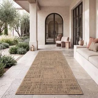 TT Home Waschbarer In-& Outdoorteppich Wetterfest Garten Terrasse Esszimmer Boho Muster Unicolor Meliert Moderner Style Größe 80x150 cm - Beige