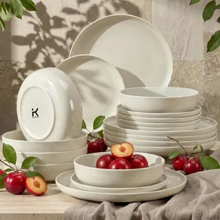KONSIMO VICTO Tafelservice Geschirrset hergestellt in der EU (18-tlg), 6 Personen, Steingut, Spülmaschinenfest, mikrowellengeeignet, beige, rund - Beige