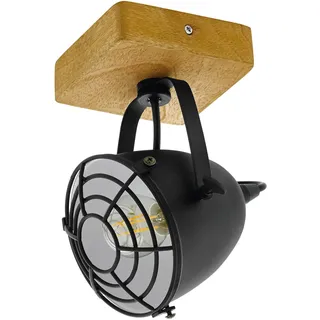 EGLO Deckenlampe Gatebeck, Deckenleuchte Vintage, Industrial, Retro, Deckenstrahler aus Stahl in Schwarz und Holz in Natur, Wohnzimmerlampe, E14 Fassung, FSC zertifiziert