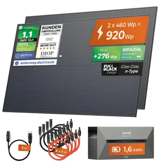 Solarway®️ 920Wp / 800W Balkonkraftwerk mit 1,6 kWh Speicher komplett Steckdose - 1,6 kWh Anker SOLIX 2 PRO Speicher