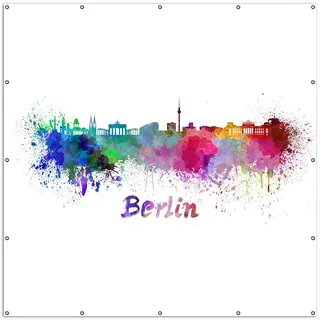 Wallario XXL Outdoor-Poster für Garten oder Balkon, Motiv Städte als Aquarell - Skyline von Berlin, in ca. 200 x 200 cm - Weiß