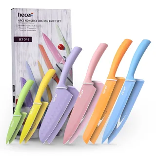 hecef Küchenmesser Set 6-teilig, Edelstahl Messer mit Schutzhüllen, Scharfe Messer Set mit Bunte Non-Stick Klinge und Soft Touch Griff, Profi Kochmesser für Köche, Spülmaschinenfest