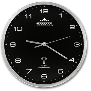 MONZANA® Funkuhr Wand Ø31cm Geräuscharm Automatische Zeitumstellung mit AA-Batterie Großes Ziffernblatt Schwarz Quarzuhr Analog Wohnzimmer Büro Silber - Silber