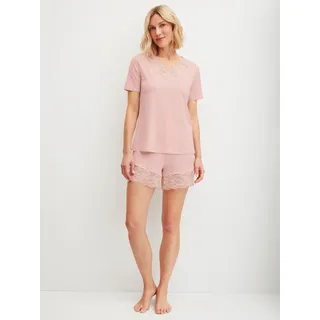 Shorty CALIDA "Elegant Dreams", Damen, Gr. XS (36/38), peach rose, Single Jersey, Obermaterial: 95% Modal (TENCELTM), 5% sonstige Fasern, bequem kurz, V-Ausschnitt, Homewear-Sets Shorty, feminine Details-Spitze, seidig-weicher Griff, Kurzarm, Topseller