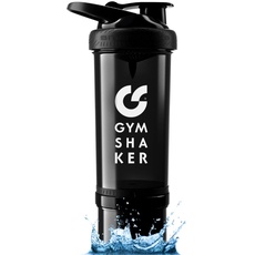 GYMSHAKER Protein Shaker mit Pulverfach 600 + 150 ml - mit Wabenstruktur-Sieb für cremige Shakes - auslaufsicher & BPA frei - Schwarz
