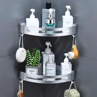 Duschregal Ecke, Duschablage Ohne Bohren Eckregal Bad Metall Badezimmer Regal Dreieck Wand Duschkorb mit 4 Haken, Wandregal für Shampoo(2 Stück,Sandstrahlen Silber)