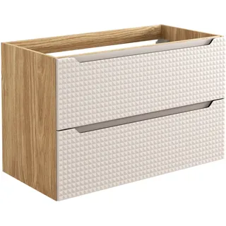 Badezimmerschrank 90 cm für Waschbecken, 2 Schubladen, Eiche beige, MDF-Fräsung - Beige