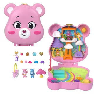 Mattel Polly Pocket x Glücksbärchi Puppen & Spielset mit Spielzeugauto und thematischen Accessoires, Reisespielzeug, Partnership-Schatulle, JCC14,