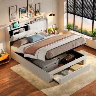 proximax Polsterbett 160x200cm mit USB, Samtbett mit Schubladen , Jugendbett Doppelbett mit Lattenrost und Stauraum, Stauraumbett mit LED, Beige - Beige