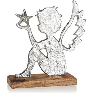 com-four® Engel Figur - edle Dekofigur aus Metall und Mangoholz - Engelskulptur mit Stern - Engel mit Flügeln aus Metall auf Holzsockel - Weihnachtsdeko Aufsteller