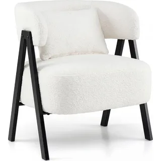 COSTWAY Sessel, Kunstfell Loungesessel mit Lendenkissen & Metallbeinen, Polstersessel bis 150 kg belastbar, bequemer Polsterstuhl, Weiß - Weiß