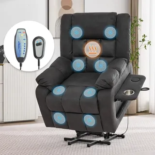 Elektrisch verstellbarer TV-Sessel, Stehhilfe-Massagesessel mit  Wärmefunktion, Seniorensessel mit Fußstütze, 2 Seitentaschen und Getränkehalter,