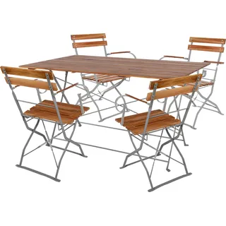 Klapptisch + 4 Klappstühle klappbar mit Armlehne Stahl Akazieholz Biergarten Set 120x70cm - Grau, Braun