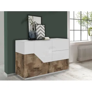 Dmora - Kommode Ludovico, Küchen-Sideboard mit 2 Türen und 3 Schubladen, Wohnzimmer-Buffet, 100 % Made in Italy, 141 x 43 x 86 cm, glänzendes Weiß und Ahorn,