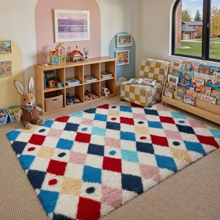 HUGEAR Flauschig Teppich Wohnzimmer 120x180 Teppiche Multicolore Shaggy rutschfest Rautenmuster Carpet Kinderzimmer MäDchen Junge Schlafzimmer Hochflor Weich