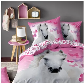 MTOnlinehandel Mädchenbettwäsche 135x200, Bettwäsche mit Pferd für Kinder Teenager, Schmetterling, 100% Baumwolle 135 x 200 cm 80 x 80 cm