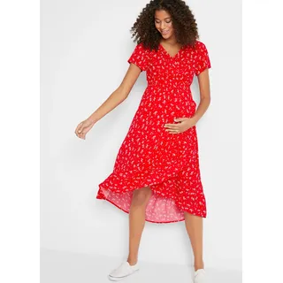 Umstandskleid BONPRIX, Damen, Gr. 48, N-Gr, rot (erdbeere geblümt), Obermaterial: 100% Viskose, figurumspielend, Kleider Umstandskleid, Wadenbedeckende Länge, tiefer V-Ausschnitt im Wickelschnitt