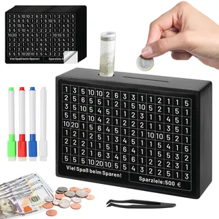 Sparbox mit Zahlen ankreuzen, Sparbox Holz, Spardose Kinder-Sparziel, Sparbüchse mit Zähler 5000€, Schwarz Cash Box €500-€10000 Ziel