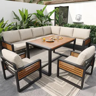 Flieks Gartenlounge-Set 7-teilig, Gartensofa mit Ecksofa, Stuhl und Tisch, Gartenmöbelset mit Kissen für 8 Personen, Gartengarnitur Sofagarnitur Beige - Beige