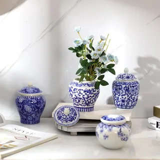 Hushee Kleine Blaue und weiße Vase, Porzellanvasen, Blaue Chinoiserie-Dekoration, Porzellan, Ingwergläser für Zuhause, Chinoiserie-Dekoration für Schlafzimmer, Tisch, Akzentregal, Tischplatte