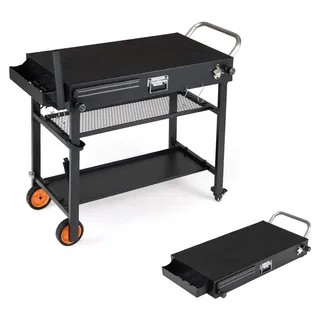 KOMFOTTEU Grillwagen, 3 Ebenen Grilltisch klappbar mit Haken, hitzebeständiger Unterlage & Flaschenöffner, Servierwagen aus Metall mit 4 Rädern, Garten Trolley für BBQ & Camping, Schwarz - Schwarz