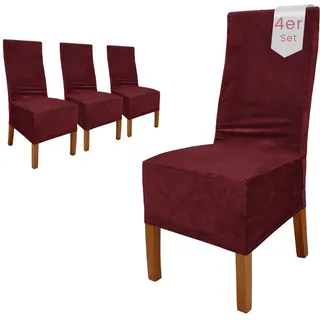 Scheffler Home Stuhlhussen Samt Bordeaux 4er Set Puma – Elastische Stuhlbezüge für Hochlehner und Polsterstühle – Waschbar und formstabil